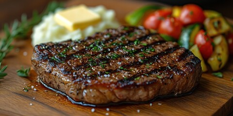 Wall Mural - Grilled Steak with Mashed Potatoes and Roasted Vegetables