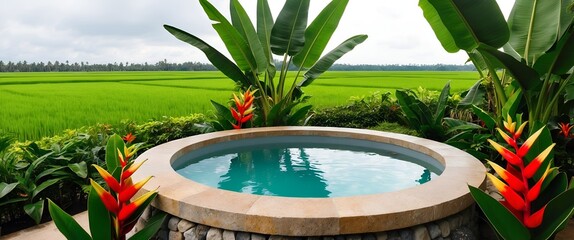 Canvas Print - serene outdoor setting featuring a circular stone hot tub filled with clear water.