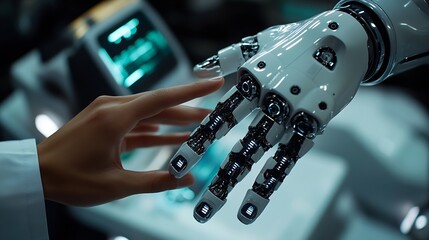Fototapete - Medical Ai Hands of robot and human touching on medical data network connection AI robot for diagnosis increasing accuracy patient treatment in future technology to improve patient hea : Generative AI