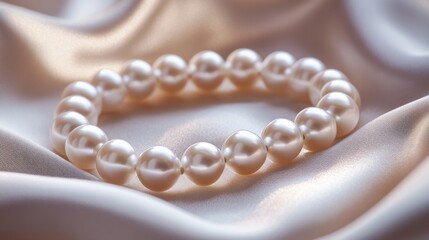 Poster - Macro shot of a pearl bracelet resting on a silk fabric, focusing on the soft shimmer and perfect roundness of the pearls.
