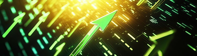 Poster - Dynamic green arrows representing growth and progress against a vibrant, glowing background, ideal for illustrating success and innovation.