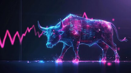 Poster - A futuristic bull graphic with neon lines representing market growth, symbolizing bullish trends in finance and trading sectors.