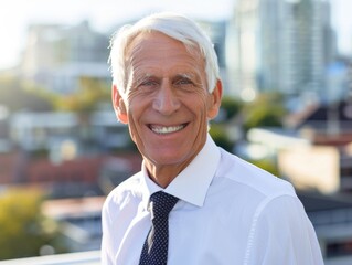 Sticker - A man wearing a white shirt and a blue tie is smiling. He is standing on a rooftop