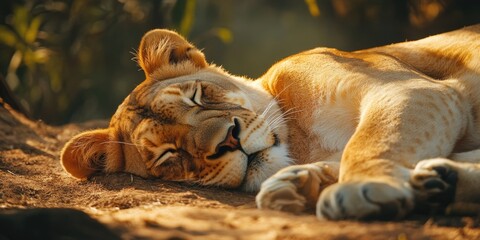 Wall Mural - a lion is sleeping on the ground. the sun is shining on the lion, making it look peaceful and relaxe