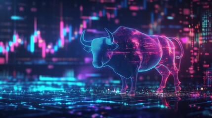Aufkleber - A futuristic digital bull symbolizing strong market trends, with vibrant colors and graphical elements depicting financial data.