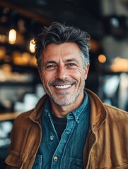 Wall Mural - A man with a beard and gray hair is smiling and wearing a blue shirt and a brown jacket