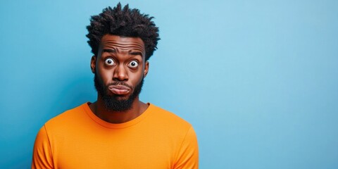 A man with a beard and dreadlocks is wearing an orange shirt and looking at the camera with wide eyes