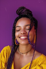 Poster - A woman with purple and yellow hair is smiling and wearing a yellow shirt. She has a necklace and earrings