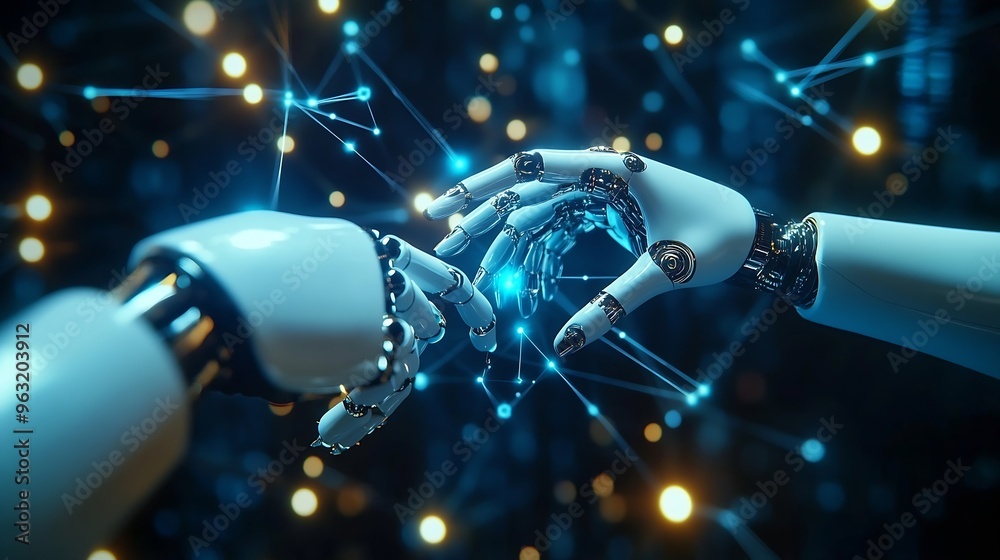 AI Machine learning Hands of robot and human touching on big data ...