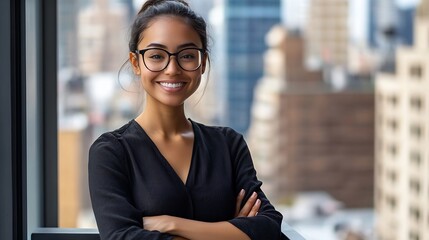 Aufkleber - Woman smile and outside on balcony with arms crossed for happiness in portrait with pride for company Glasses designer and employee with outdoor office for relax on break in urban town : Generative AI