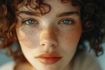 Poster - A woman with red hair and blue eyes. She has a lot of freckles on her face