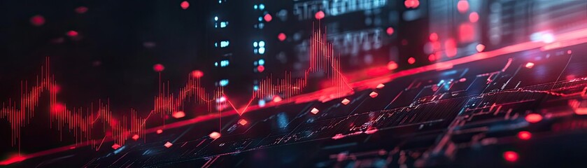 Aufkleber - A futuristic digital landscape showcasing vibrant data trends and tech elements in red and blue hues, symbolizing innovation.