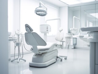 Wall Mural - A white dental office with a chair and a dental chair. The room is clean and well-lit