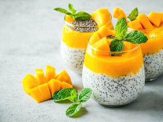 Wall Mural - Three glasses of fruit smoothies with a garnish of mint leaves. The smoothies are topped with a sprinkle of chia seeds