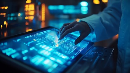 Aufkleber - Scientist hand tablet and hologram in laboratory with typing chart data and 3d overlay for pharma development Pharmaceutical person digital touchscreen and press on holographic dashboa : Generative AI