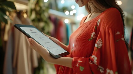 Ecommerce cart page on a tablet with price delivery options and checkout button Woman buys a red dress creating a seamless and stylish online shopping experience : Generative AI