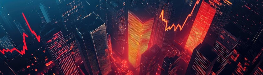 Aufkleber - Aerial view of urban skyline with financial graphs and red tones, symbolizing market trends and economic fluctuations.