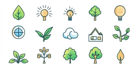 Wall Mural - A set of tree and house icons. Trees are shown in various stages of growth, and a house is shown in the middle of the set. The icons are all drawn in a stylized, cartoonish way