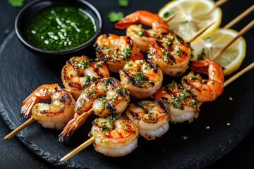 Wall Mural - A plate of shrimp skewers with a dipping sauce. The shrimp are grilled and are served on a black plate