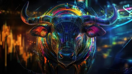 Poster - Vibrant digital artwork of a bull symbolizing strength and market trends, with colorful background and abstract elements.