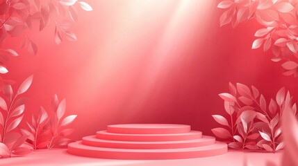 Wall Mural - A pink background with a red staircase and leaves. The image has a romantic and elegant mood