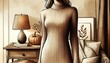 © Semiase - a person standing in an indoor setting, with the focus on the torso and partial view of the arms. The person is wearing a ribbed turtleneck dress. In the background, there is a nightstand with a lamp,