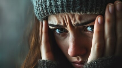 Poster - A woman with a fur hat on her head and her eyes closed. She is looking at the camera with a frown on her face