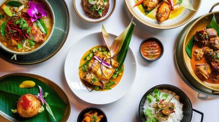 Canvas Print - A table full of food with a variety of dishes including rice, noodles, and meat. The table is set with plates and bowls, and there are several condiments and garnishes