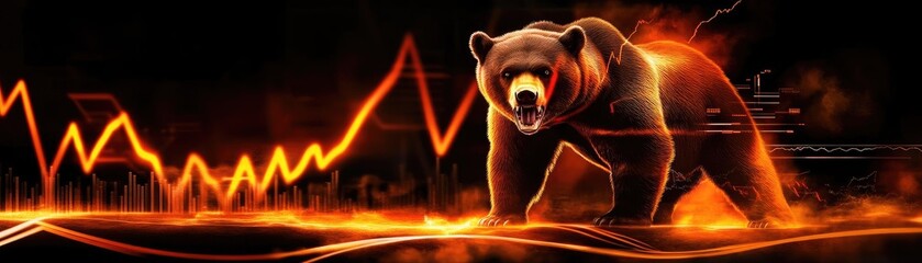 Poster - Dynamic bear image representing strength and resilience against a fiery background with a market trend overlay.