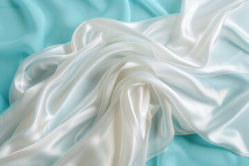 White satin fabric draped on light blue background, soft and smooth texture