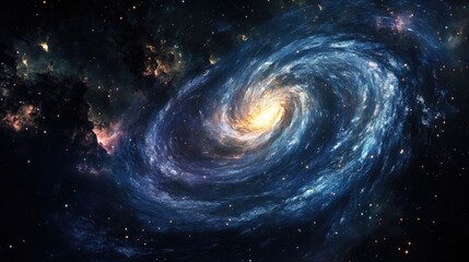 Wall Mural - a spiral galaxy with a blue center and a yellow star. the galaxy is surrounded by a dark sky with ma