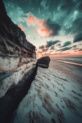 Poster - A rocky beach with a large rock in the foreground. The sky is cloudy and the sun is setting