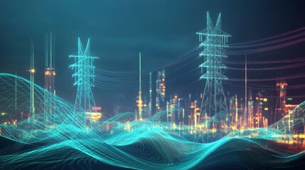 Poster - Visualization of electric waves coursing through a futuristic power grid, illustrating the concept of smart cities and renewable energy systems.