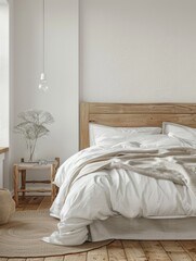 Wall Mural - A bedroom with a wooden headboard and a white bedspread. A vase with flowers sits on a wooden table next to the bed