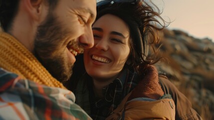 Poster - A man and woman are hugging and smiling. The man is wearing a plaid shirt and the woman is wearing a scarf. Scene is happy and affectionate