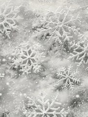 Sticker - A close up of snowflakes on a white background. The snowflakes are all different shapes and sizes, and they are scattered throughout the image