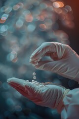 Wall Mural - A person is holding a handful of pills in their gloved hand. The pills are white and appear to be small in size. The image has a somewhat blurry quality, which adds to the overall mood of the scene