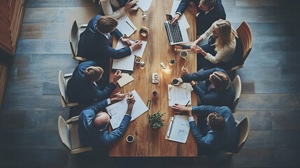 Wall Mural - Group of business people are gathered in a meeting room discussing and sharing ideas around a large conference table High angle view : Generative AI