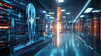 Poster - Abstract virtual medical hologram on modern architecture background online medical consulting concept Multiexposure : Generative AI