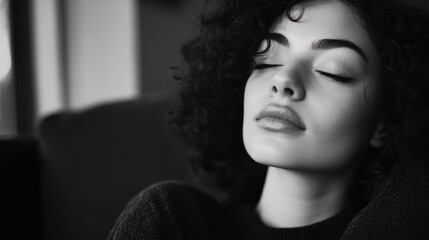 Poster - A woman with dark hair and a black shirt is resting her head on her arm. She has a calm and peaceful expression on her face