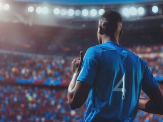 Wall Mural - A man in a blue jersey with the number 4 on it is standing in a stadium. He is giving a thumbs up gesture to the crowd