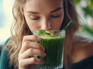 Wall Mural - Blurred Portrait of a Woman Sipping Green Smoothie