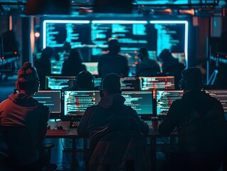 Poster - Futuristic Digital Coding and Programming Workspace at Night with Glowing Neon Displays