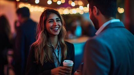 Businesswoman holding a coffee cup and laughing while networking with a businessman at a corporate event