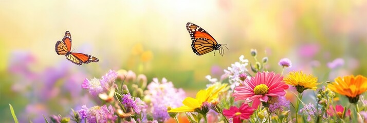 Aufkleber - Wildflowers bloom in a lush meadow as butterflies flit joyfully around, creating a colorful display in the warm sunlight. Generative AI