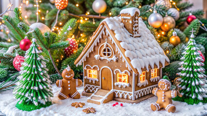 Festive Christmas Scene with Gingerbread House, Icing-Covered Trees, and Gingerbread Men on Snowy Surface