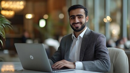Leinwandbilder - Portrait of young arab businessman inside office man typing on laptop smiling boss happy with results of financial success at workplace : Generative AI