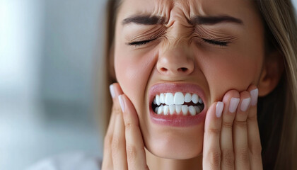 Young woman suffering from strong toothache touching cheek