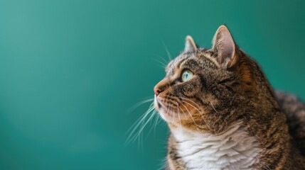 Wall Mural - Chubby cat gazing sideways on a green background. Indoor life and diabetes concept with a chubby cat. Animal and health concept.