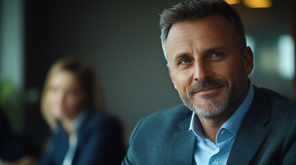 Happy business man listening to a discussion in an office boardroom Business professional sitting in a meeting with his colleagues : Generative AI